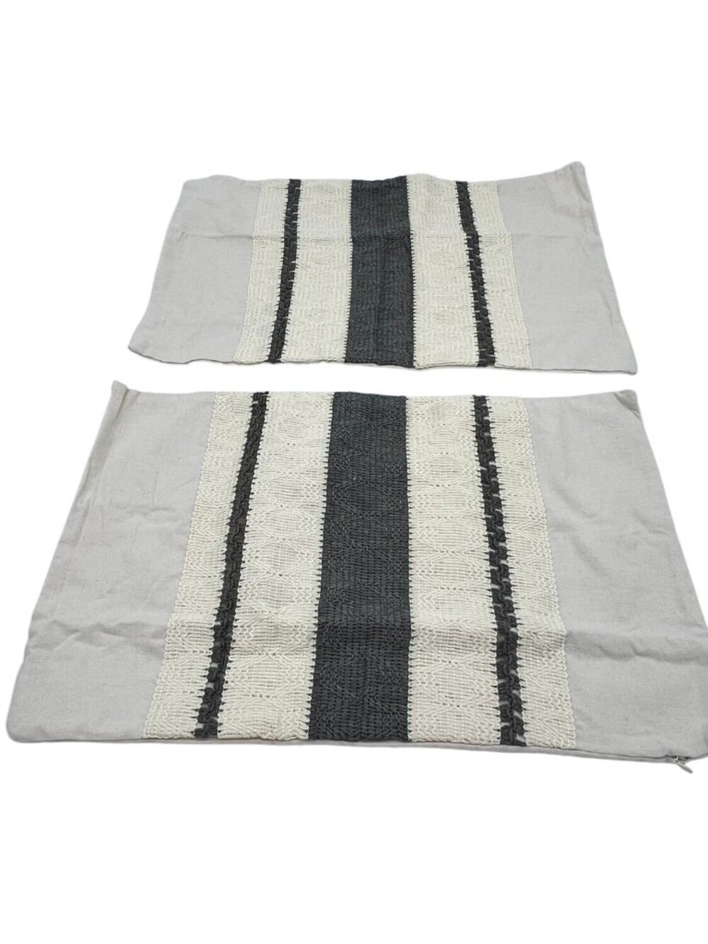 Lot Of 2 Handwoven Cotton Striped Pillow Shams Beige Gray Textured Classic